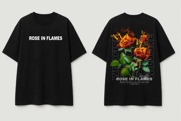 Black Rose in Flames Graphic Printed Women’s Oversized T-Shirt | Premium Loopknit Fabric 240 GSM | Minimal Front Text & Bold Back Print Streetwear Tee – GiftSpeaks
