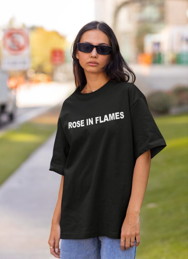 Black Rose in Flames Graphic Printed Women’s Oversized T-Shirt | Premium Loopknit Fabric 240 GSM | Minimal Front Text & Bold Back Print Streetwear Tee – GiftSpeaks