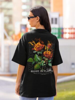Black Rose in Flames Graphic Printed Women’s Oversized T-Shirt | Premium Loopknit Fabric 240 GSM | Minimal Front Text & Bold Back Print Streetwear Tee – GiftSpeaks