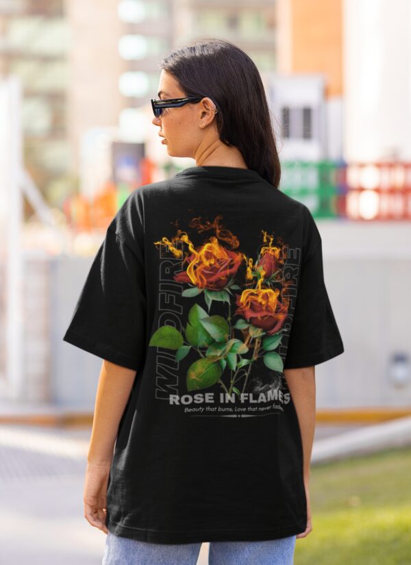 Black Rose in Flames Graphic Printed Women’s Oversized T-Shirt | Premium Loopknit Fabric 240 GSM | Minimal Front Text & Bold Back Print Streetwear Tee – GiftSpeaks