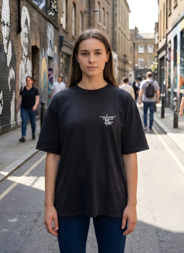 Women Oversized Minimal Graphic T-Shirt | Trust No One Chest Print | Loopknit 240 GSM Cotton | Relaxed Fit Streetwear Tee