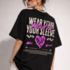 WWFOB_Wear_your_sleeve_1772786839772_28g6j5kkovkdduw.png Women's Black Oversized Graphic T-Shirt Wear Your Heart on Your Sleeve Back Print | Premium Loopknit 240 GSM Cotton | Bold Pink & White Typography Design | Casual Streetwear Round Neck Tee for Daily Wear