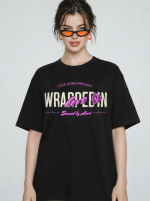 WWFOB_Wear_your_sleeve_1772787430090_ia7yke262vxvpx1.png Women's Black Oversized Graphic T-Shirt Wear Your Heart on Your Sleeve Back Print | Premium Loopknit 240 GSM Cotton | Bold Pink & White Typography Design | Casual Streetwear Round Neck Tee for Daily Wear