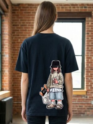 Women Navy Blue Oversized Graphic T-Shirt | Anime Girl Back Print | Premium Loopknit Cotton 240 GSM Streetwear Tee