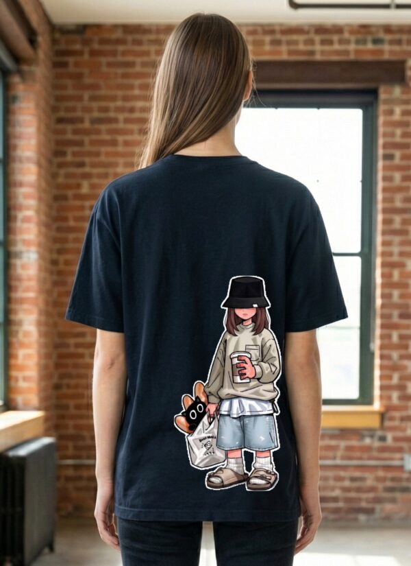 Women Navy Blue Oversized Graphic T-Shirt | Anime Girl Back Print | Premium Loopknit Cotton 240 GSM Streetwear Tee