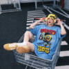Womens Sky Blue Oversized T-Shirt with Cartoon Graffiti Print | Cool Street Style Graphic Tee