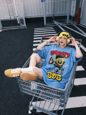WWFOS_Crazy_Bob_1776158466624_ild7o3cj88hcr8i.png Womens Sky Blue Oversized T-Shirt with Cartoon Graffiti Print | Cool Street Style Graphic Tee