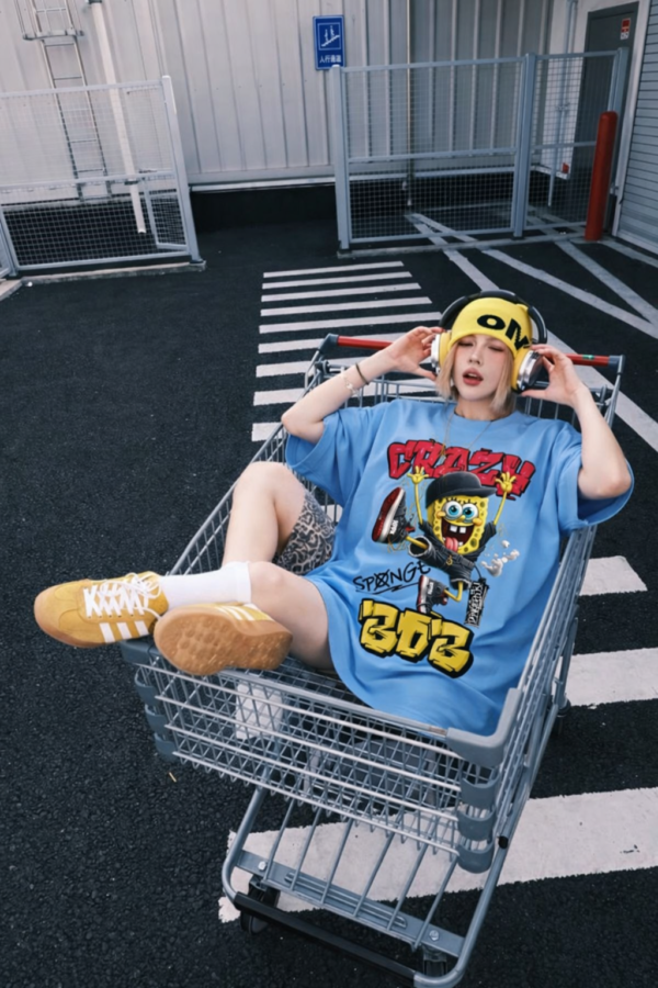 Womens Sky Blue Oversized T-Shirt with Cartoon Graffiti Print | Cool Street Style Graphic Tee