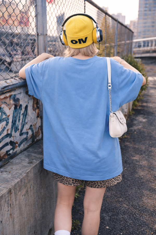 Womens Sky Blue Oversized T-Shirt with Cartoon Graffiti Print | Cool Street Style Graphic Tee