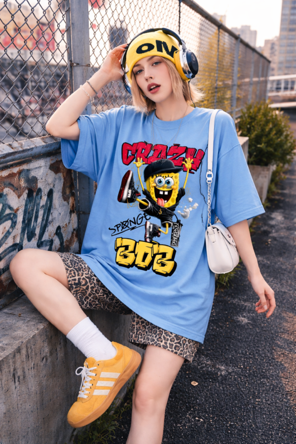 Womens Sky Blue Oversized T-Shirt with Cartoon Graffiti Print | Cool Street Style Graphic Tee