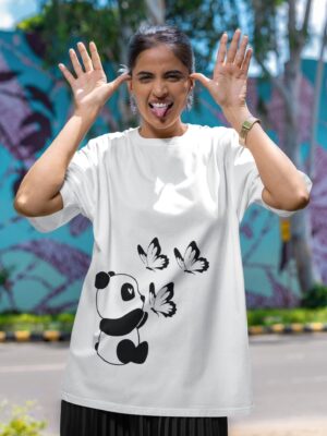 WWFOW_Baby_Panda_1768043758070_w98w97ffz9tuuor.jpg Cute Baby Panda Butterfly Graphic Printed White Oversized T-Shirt for Women & Girls | Minimal Aesthetic Cartoon Design | Round Neck Oversized T-Shirt GiftSpeaks