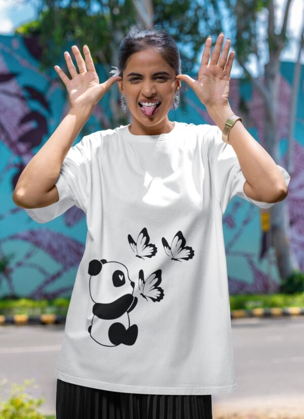Cute Baby Panda Butterfly Graphic Printed White Oversized T-Shirt for Women & Girls | Minimal Aesthetic Cartoon Design | Round Neck Oversized T-Shirt GiftSpeaks
