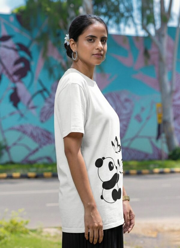 Cute Baby Panda Butterfly Graphic Printed White Oversized T-Shirt for Women & Girls | Minimal Aesthetic Cartoon Design | Round Neck Oversized T-Shirt GiftSpeaks