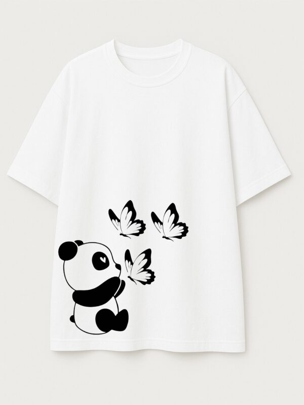 Cute Baby Panda Butterfly Graphic Printed White Oversized T-Shirt for Women & Girls | Minimal Aesthetic Cartoon Design | Round Neck Oversized T-Shirt GiftSpeaks