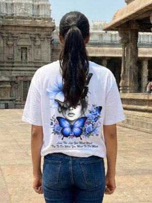 Womens Oversized White T-Shirt | Butterfly & Floral Girl Art Graphic Print | Loopknit 240 GSM Premium Heavy Fabric | Aesthetic Streetwear T-Shirt for Women