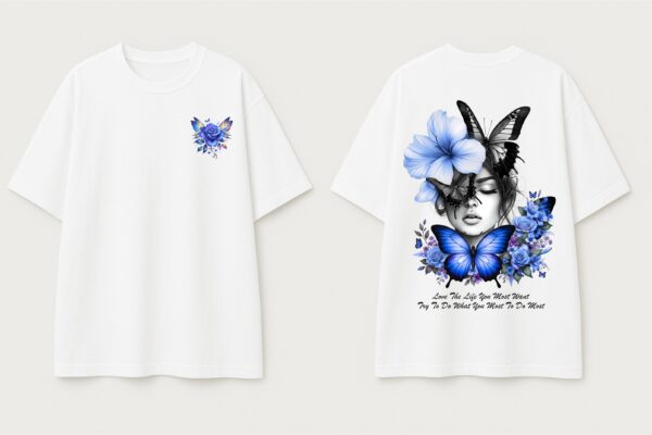 Womens Oversized White T-Shirt | Butterfly & Floral Girl Art Graphic Print | Loopknit 240 GSM Premium Heavy Fabric | Aesthetic Streetwear T-Shirt for Women