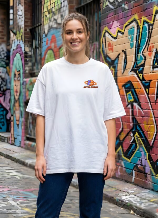 Women Oversized Graphic T-Shirt | Coffee & Space Cartoon Print | Loopknit 240 GSM Cotton | Relaxed Fit Casual Streetwear Tee