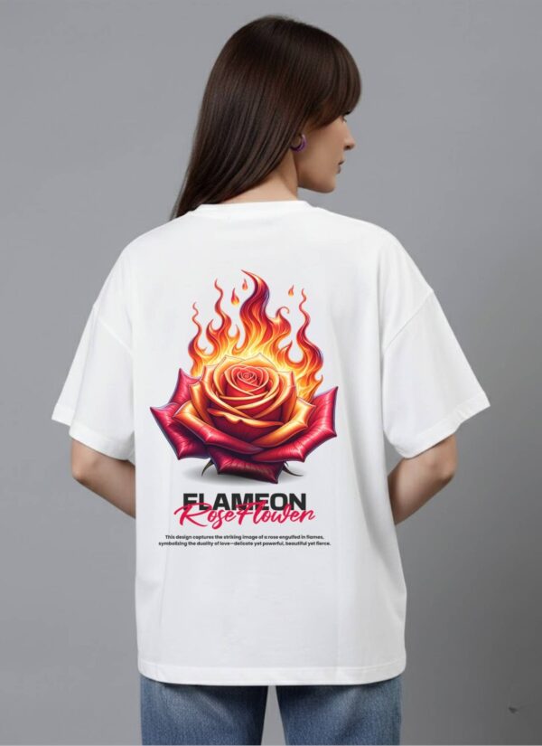 WWFOW_Flameon_1770981708556_fkc3zz30jnwrkjl.jpg Women Oversized Graphic T-Shirt | Flaming Rose Back Print | Loopknit 240 GSM Bold Streetwear Tee