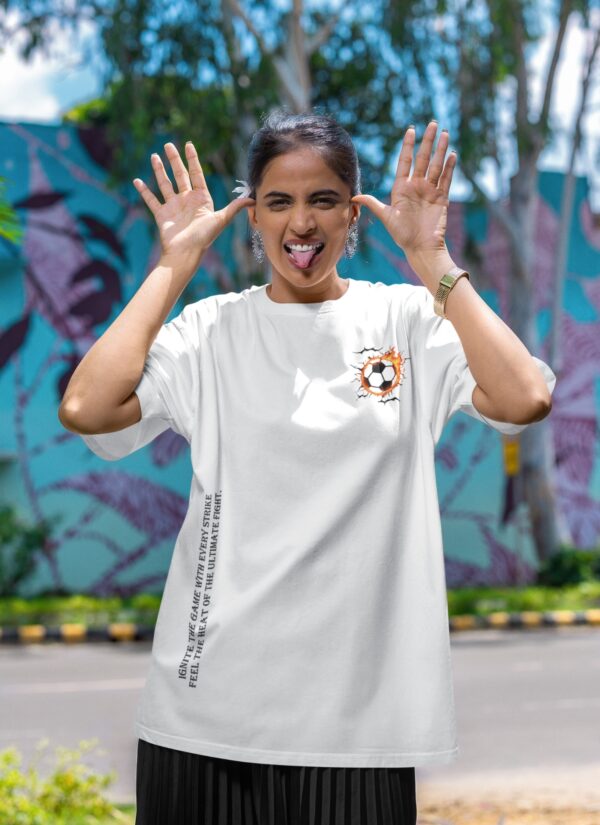 Football Flame Graphic Oversize T-Shirt for Women | Premium Oversized Streetwear Casual Wear Tee | Sports Inspired Graphic T-Shirt by giftspeaks | White