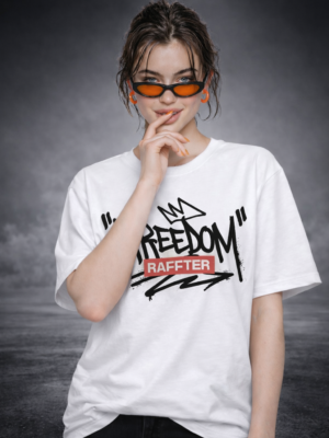 Womens White Oversized T-Shirt with Freedom Graffiti Print | Bold Streetwear Graphic Tee (Front & Back Print)