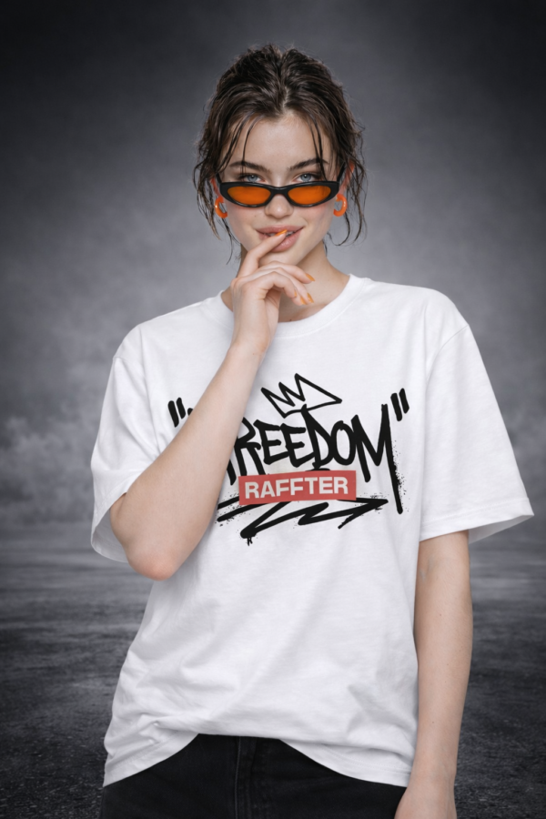 Womens White Oversized T-Shirt with Freedom Graffiti Print | Bold Streetwear Graphic Tee (Front & Back Print)
