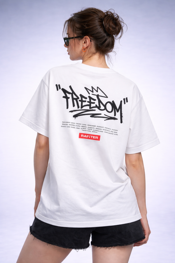 Womens White Oversized T-Shirt with Freedom Graffiti Print | Bold Streetwear Graphic Tee (Front & Back Print)