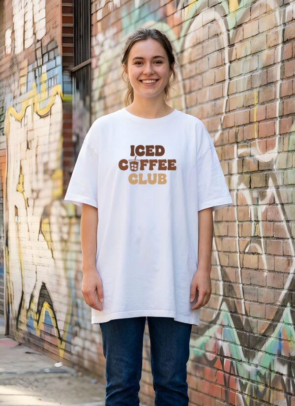 Iced Coffee Club Women Oversized T-Shirt | Minimal Coffee Graphic Print | White