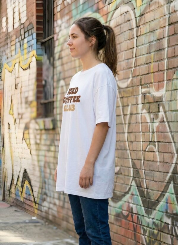 Iced Coffee Club Women Oversized T-Shirt | Minimal Coffee Graphic Print | White