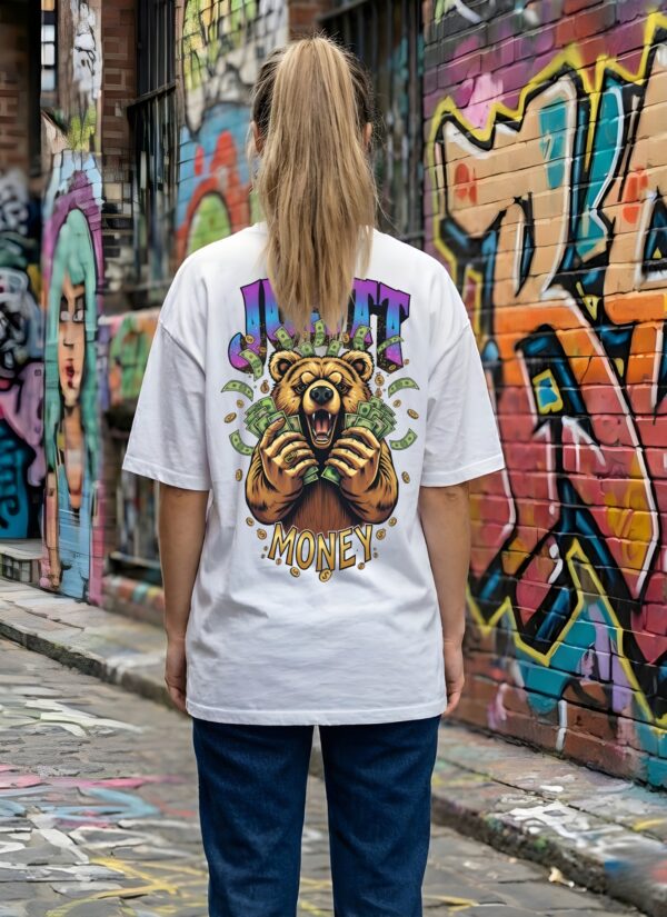 Just Money Womens Oversized T-Shirt | Bold Bear Graphic Back Print | White
