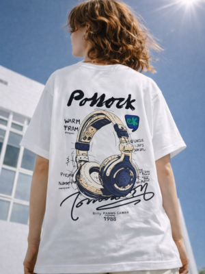 Womens Oversized White Graphic T-Shirt Headphone Back Print Casual Wear