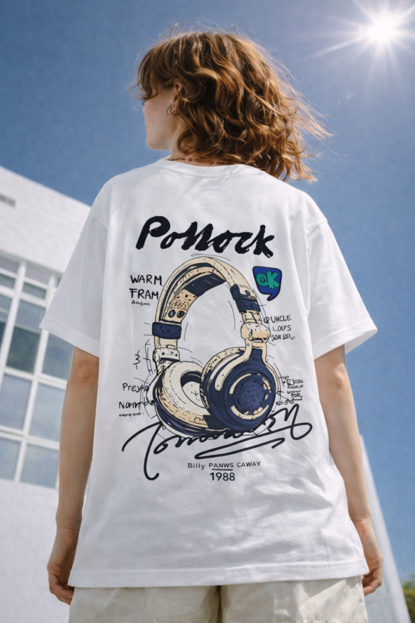 WWFOW_Ponork_1776158321008_n2m2proj3pxujkq.png Womens Oversized White Graphic T-Shirt Headphone Back Print Casual Wear