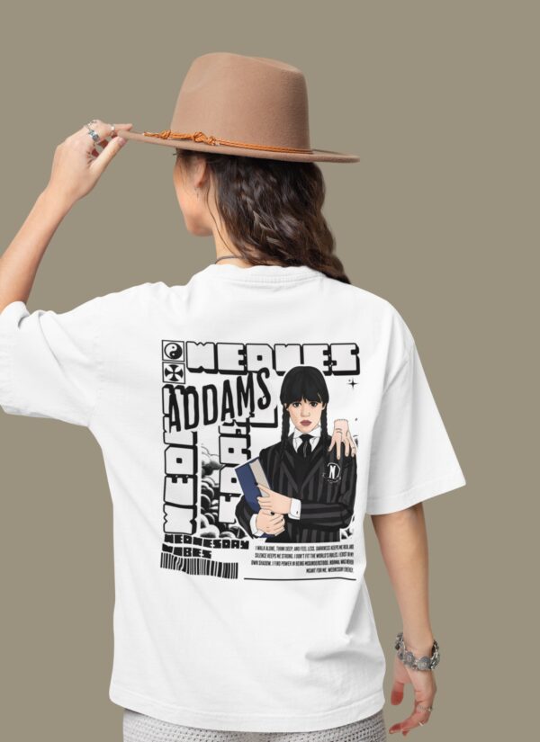 WWFOW_The_Wednesday_2_0_1768043781464_wsx14e3wclni9in.jpg White Oversized Gothic Aesthetic T-Shirt for Women | Dark Mood Back Artwork Loopknit Cotton Tee 240 GSM