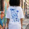 Women Oversized Graphic T-Shirt | Blue Floral Turtle Back Print | Loopknit 240 GSM Premium Cotton | Relaxed Streetwear Fit