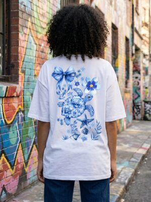 WWFOW_Tortoise_1770960120141_gzhmp0tc0vqf3ya.jpg Women Oversized Graphic T-Shirt | Blue Floral Turtle Back Print | Loopknit 240 GSM Premium Cotton | Relaxed Streetwear Fit