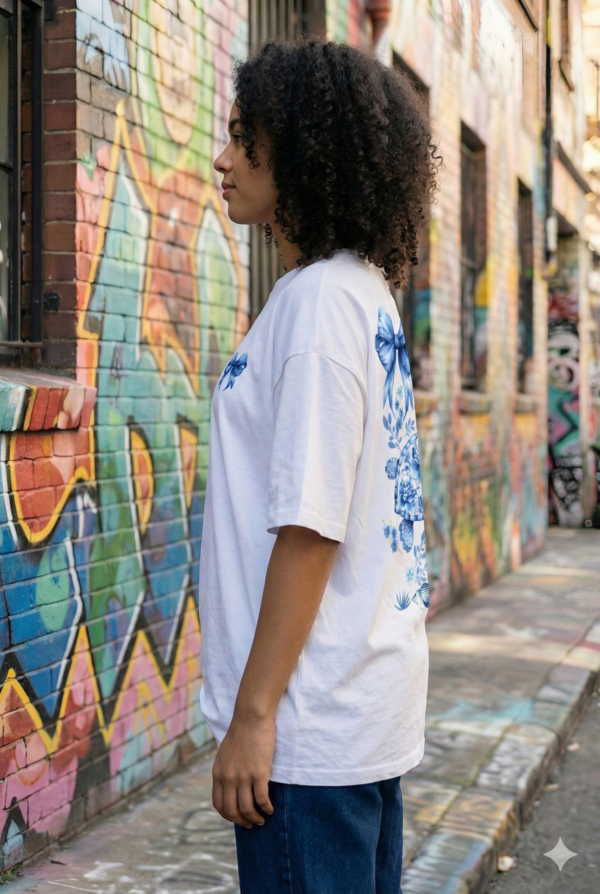 Women Oversized Graphic T-Shirt | Blue Floral Turtle Back Print | Loopknit 240 GSM Premium Cotton | Relaxed Streetwear Fit