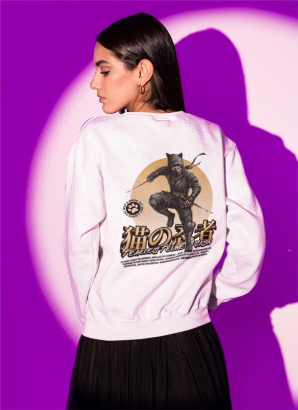 WWFSW_Ninja_Cat_1768043633161_vgjys8az6cqcrc5.jpg White Graphic Printed Women’s Sweatshirt with Ninja Cat Artwork | Premium Fleece Winter Sweatshirt for Women | Streetwear Aesthetic Casual Wear – GiftSpeaks