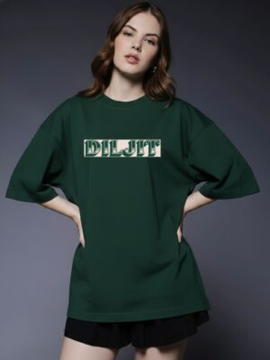 WWIOBG_Diljit_1771567575149_domb3sbddnrvx52.jpg Women Dark Green Oversized Graphic T-Shirt : Vintage Portrait Back Print | Premium Loopknit Cotton 240 GSM Streetwear Tee