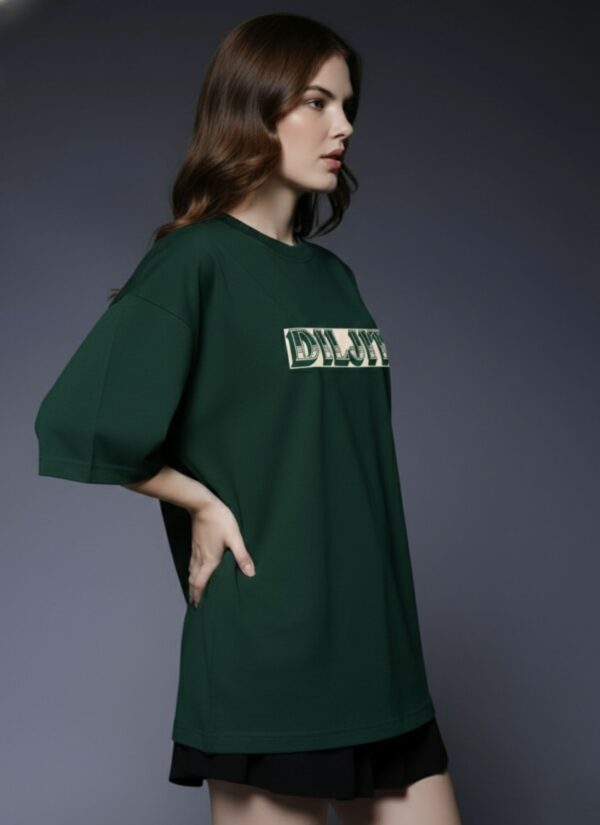 Women Dark Green Oversized Graphic T-Shirt : Vintage Portrait Back Print | Premium Loopknit Cotton 240 GSM Streetwear Tee