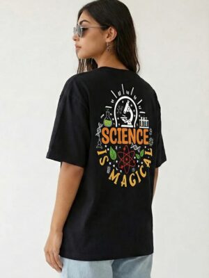 Black Science Graphic Printed Women’s Oversized T-Shirt | “Science Is Magic” Artistic Back Print | Loopknit Fabric 240 GSM | Premium Streetwear Tee – GiftSpeaks
