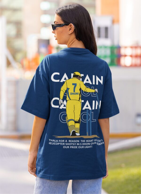 Captain Cool Graphic T-Shirt for Women | M.S. Dhoni Inspired Back Print Oversized T-Shirt | Navy Blue Streetwear Cricket Fan Tee | Premium Cotton by giftspeaks