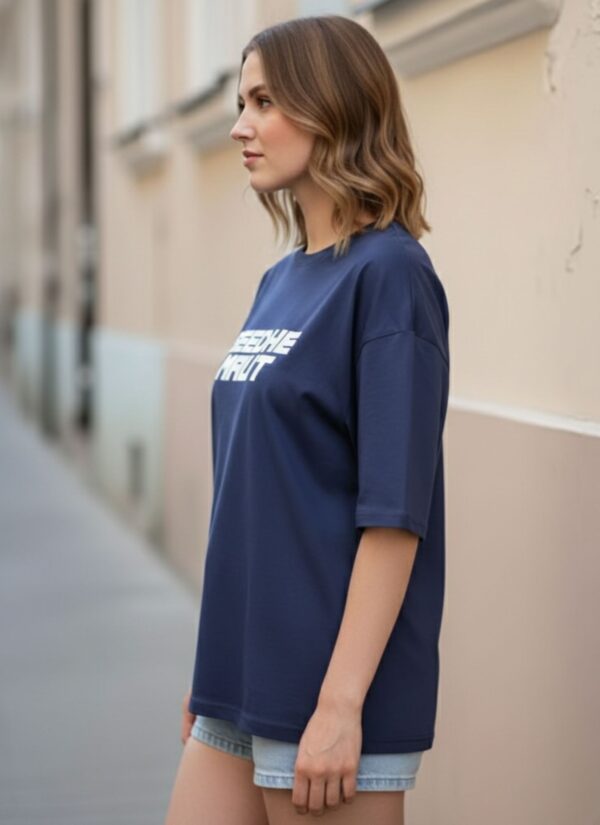 Women Oversized Navy Blue Graphic Printed T-Shirt | Street Hip-Hop Back Print | Premium Loopknit Cotton 240 GSM | Trendy Urban Casual Tee