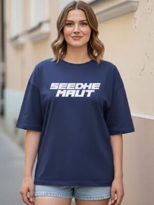 WWION_Sheede_Maut_2_0_1771568098255_rj7l8runo0786b8.jpg Women Oversized Navy Blue Graphic Printed T-Shirt | Street Hip-Hop Back Print | Premium Loopknit Cotton 240 GSM | Trendy Urban Casual Tee