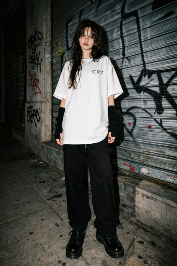 Women Oversized White T-Shirt with CR7 Inspired Graphic Print | Premium Loopknit 240 GSM Cotton | Half Sleeve Round Neck Loose Fit Streetwear Tee for Women | Trendy Back Print Casual Oversized T-Shirt