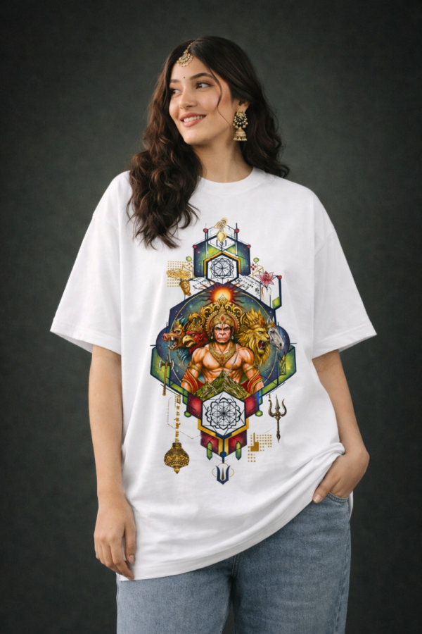 WWIOW_Hanuman_777_1776158412345_cnqwrlyokbxuped.png Womens Oversized White Graphic T-Shirt Spiritual Front Print Casual Wear