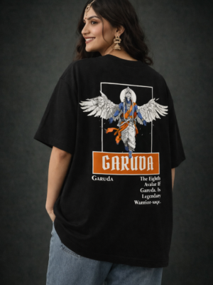 WWROB_Garuda_1776158331721_kajvhk8w6atcbne.png Womens Oversized Black Graphic T-Shirt Mythological Back Print Casual Wear