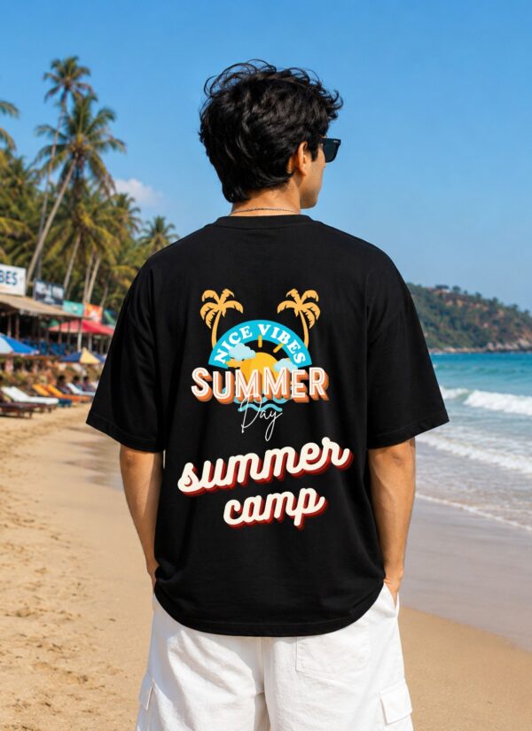 WhatsApp Image 2026-07-14 at 4.41.56 PM (1) Men's Black Oversized T-Shirt with Summer Vibes Graphic Print | Loopknit 240 GSM Cotton | Relaxed Fit Casual Beach Streetwear Tee