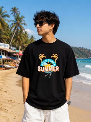 WhatsApp Image 2026-07-14 at 4.41.56 PM Men's Black Oversized T-Shirt with Summer Vibes Graphic Print | Loopknit 240 GSM Cotton | Relaxed Fit Casual Beach Streetwear Tee