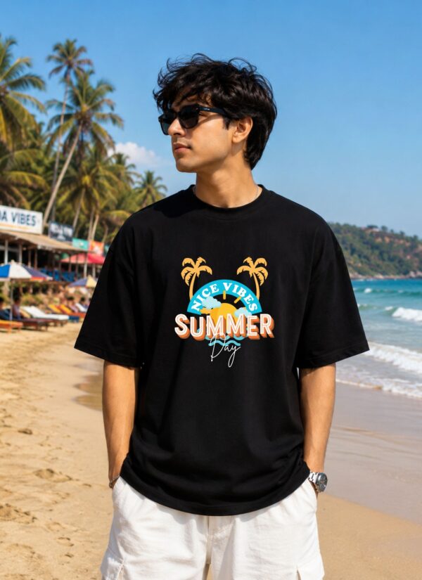 WhatsApp Image 2026-07-14 at 4.41.56 PM Men's Black Oversized T-Shirt with Summer Vibes Graphic Print | Loopknit 240 GSM Cotton | Relaxed Fit Casual Beach Streetwear Tee