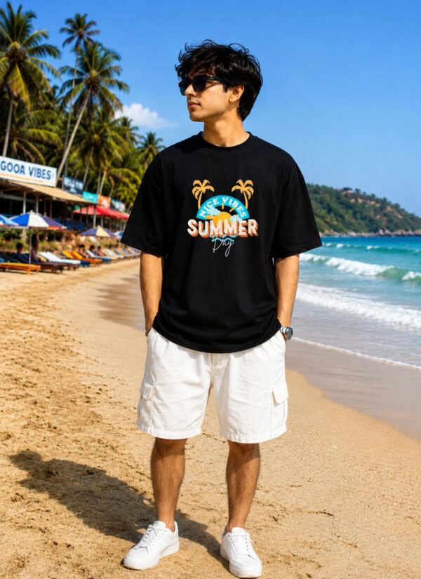 WhatsApp Image 2026-07-14 at 4.41.57 PM (1) Men's Black Oversized T-Shirt with Summer Vibes Graphic Print | Loopknit 240 GSM Cotton | Relaxed Fit Casual Beach Streetwear Tee