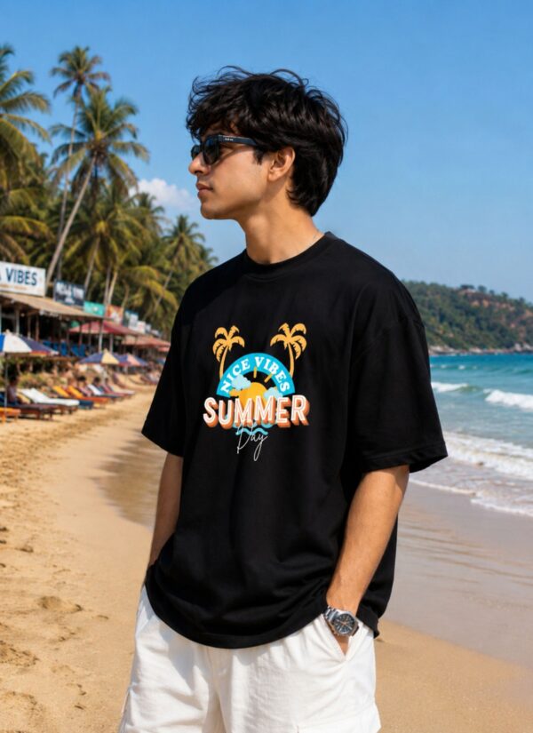 WhatsApp Image 2026-07-14 at 4.41.57 PM Men's Black Oversized T-Shirt with Summer Vibes Graphic Print | Loopknit 240 GSM Cotton | Relaxed Fit Casual Beach Streetwear Tee